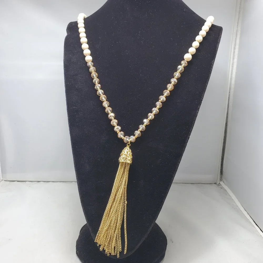 DSW Ivory & topaz beaded necklace with gold tassel - Picture 1 of 11